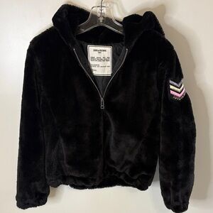Zadig & Voltaire Black Faux Fur Bomber Jacket with Hood & Pink Logo